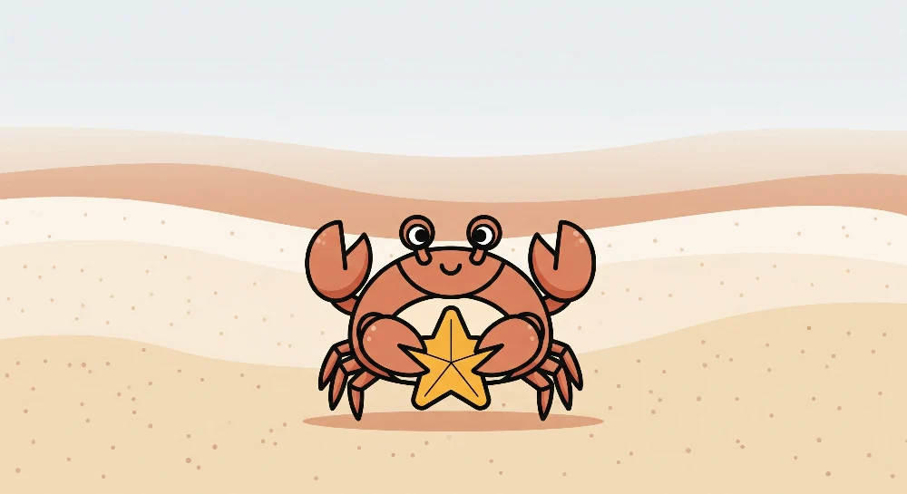 Dětská tapeta | Usmívající se krab s hvězdou mořskou na písku