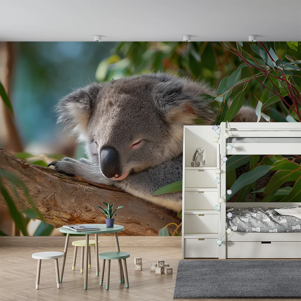 Dětská tapeta | Usnutý koala mezi listy eukalyptu
