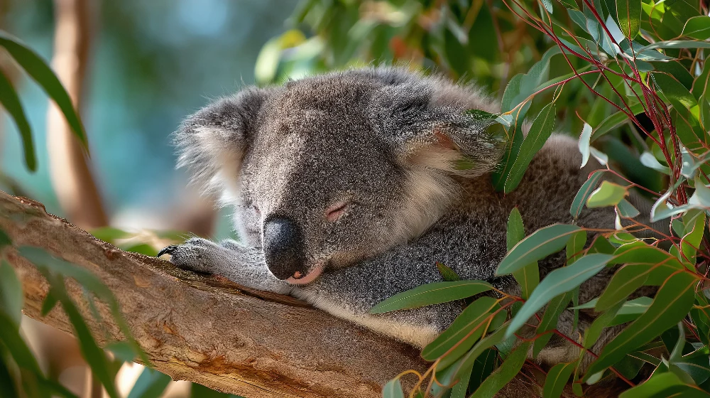 Dětská tapeta | Usnutý koala mezi listy eukalyptu