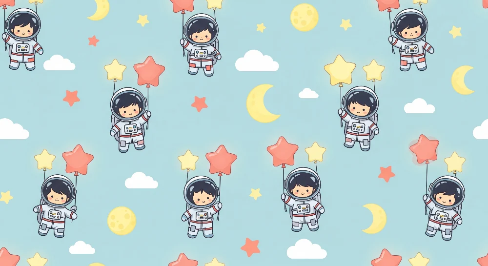 Dětská tapeta | Veselí astronauti plující mezi hvězdami měsíci