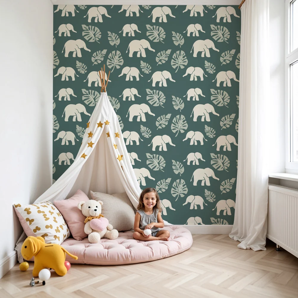 Dětská tapeta se vzory | Elegantní sloni uklidňující listí