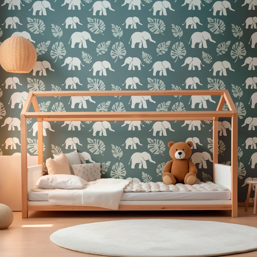 Dětská tapeta se vzory | Elegantní sloni uklidňující listí