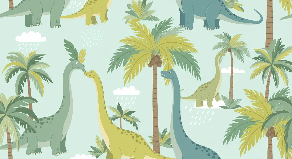 Dětská tapeta | Zábavný dinosaurus pod tropickými palmami