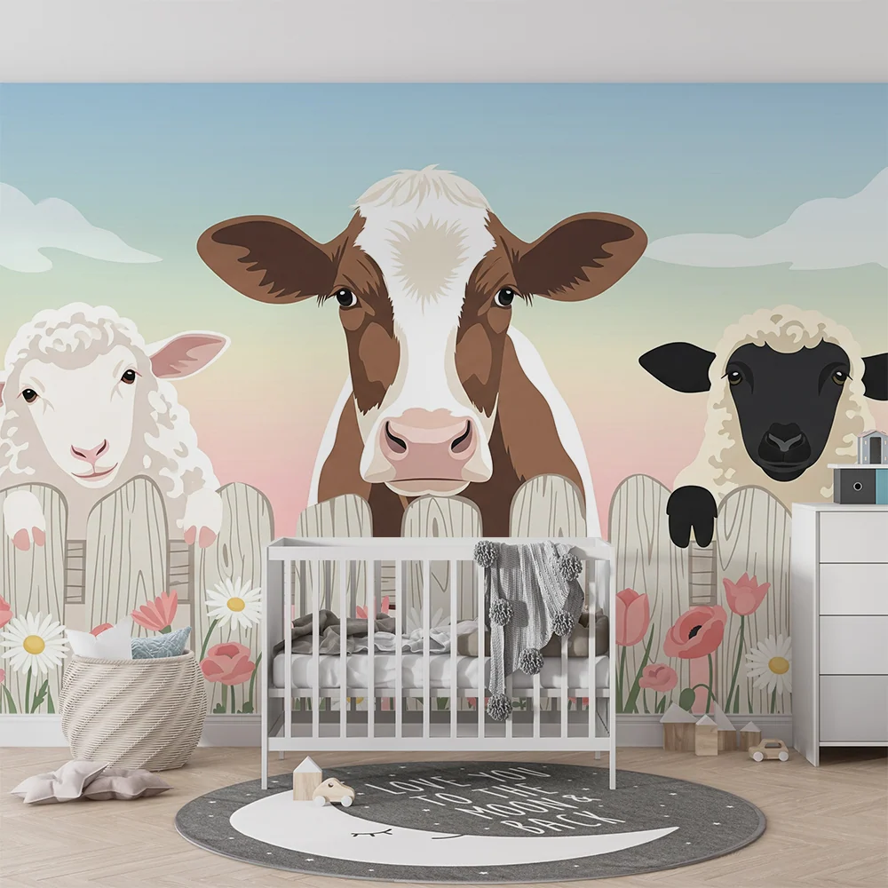 Dětská tapeta | Zvířata na farmě s barevnými květy