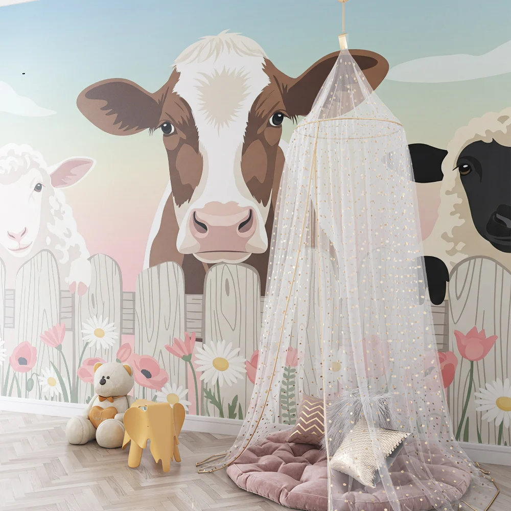 Dětská tapeta | Zvířata na farmě s barevnými květy