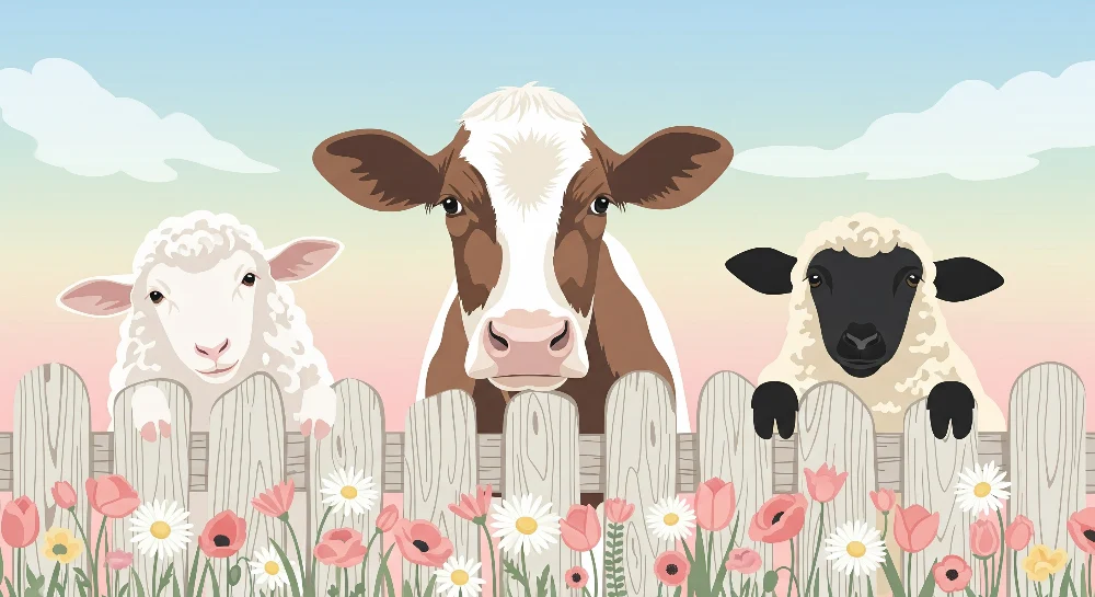 Dětská tapeta | Zvířata na farmě s barevnými květy
