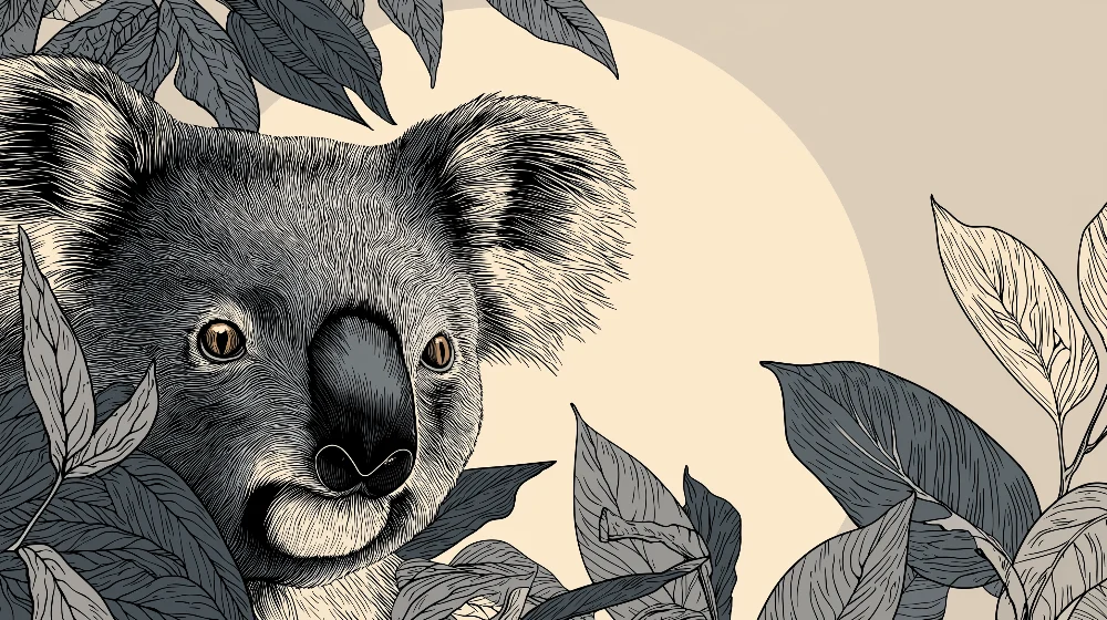 Dětská tapeta | Zvědavý koala mezi tropickými listy