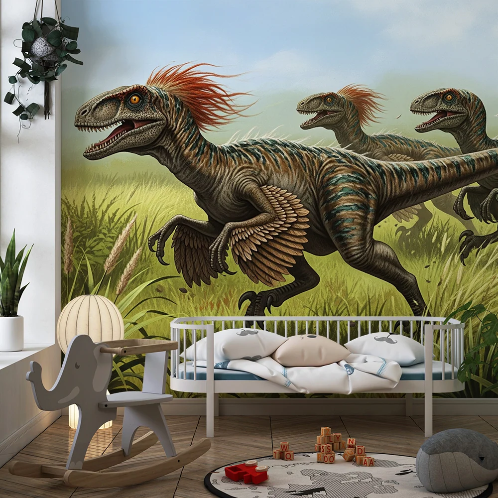 Dětská tapeta | Závod velociraptorů v préhistorické louce