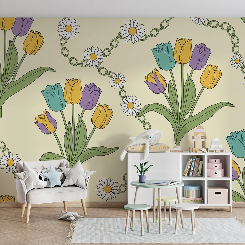 Dětské tapety | Barevné tulipány sedmikrásky na jemném pozadí