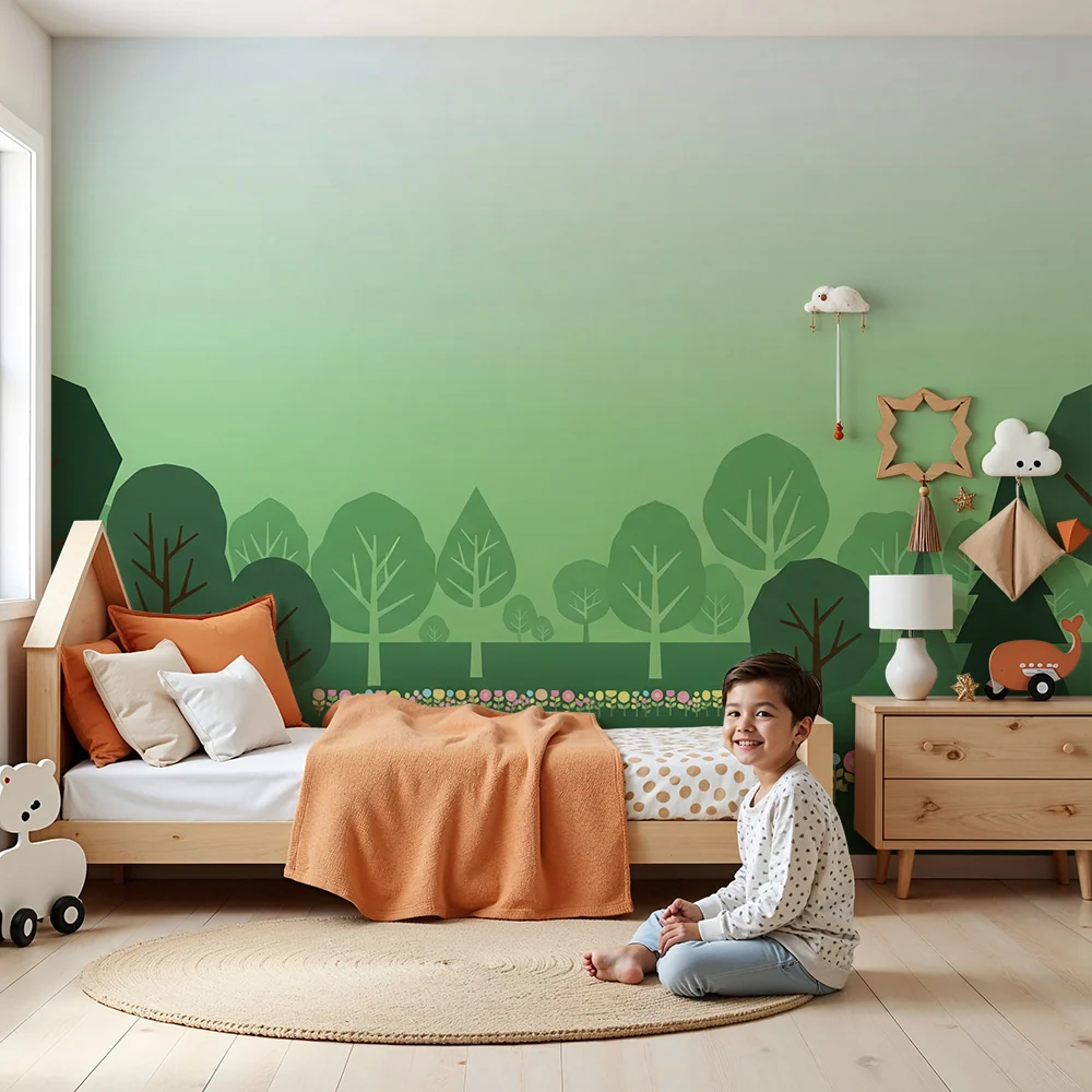 Dětské tapety do pokojíčku | Barevný les s pastelovými květinami stylizovanými stromy