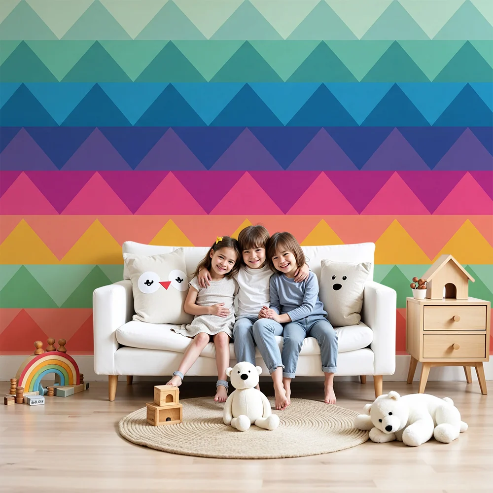 Dětské tapety do pokojíčku | Geometrické motivy s duhovými trojúhelníky