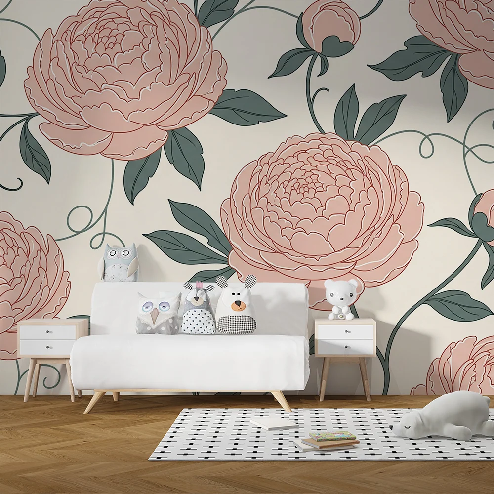 Dětské tapety do pokojíčku | Jemné květy elegantní listy v růžové zelené