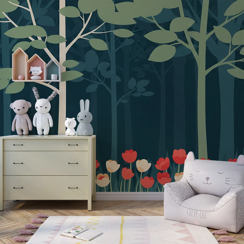 Dětské tapety do pokojíčku | Kouzelný les s barevnými květinami