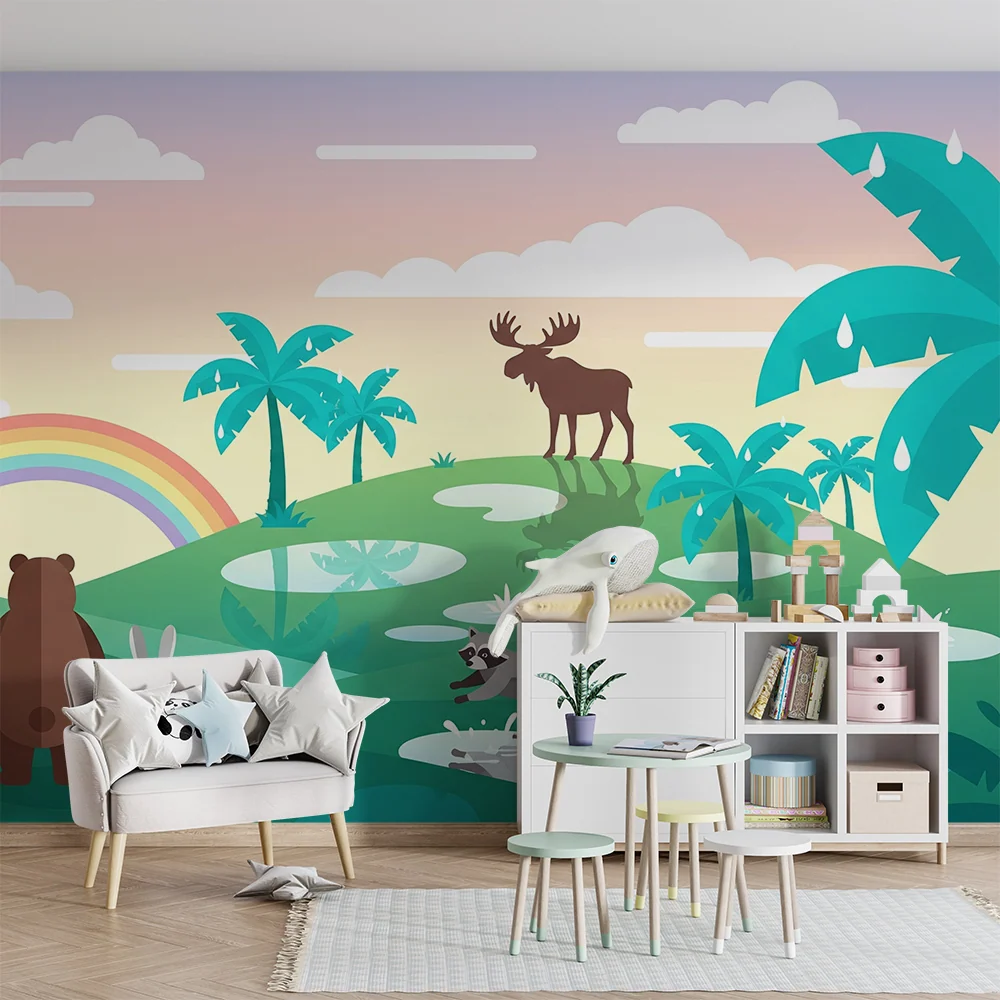 Dětské tapety do pokojíčku | Lesní zvířátka pod tropickou duhou