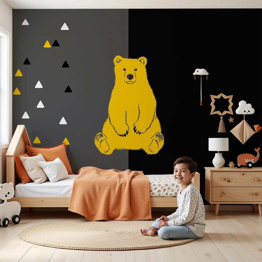 Dětské tapety do pokojíčku | Žlutý medvídek na černém pozadí s geometrickými vzory