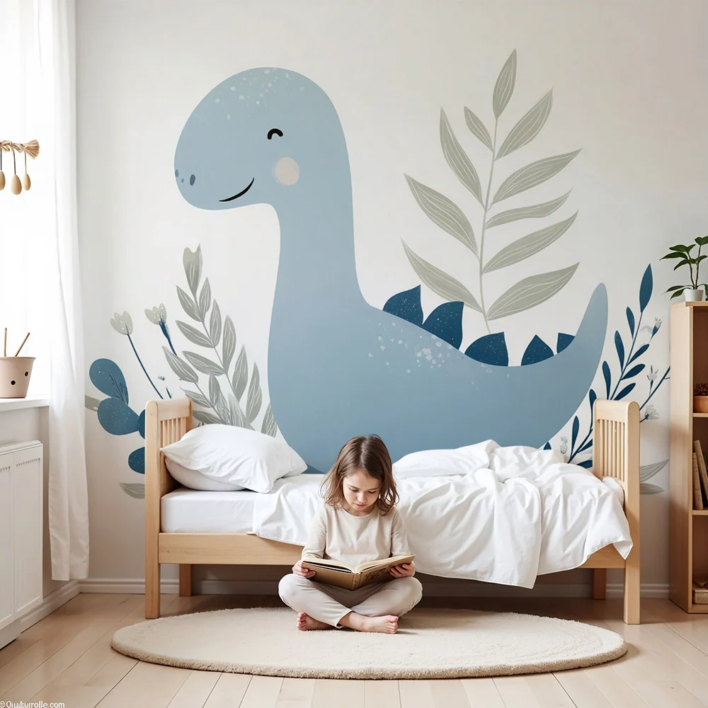 Dětské tapety do pokojíčku | Modrý dinosaurus pastelové listy