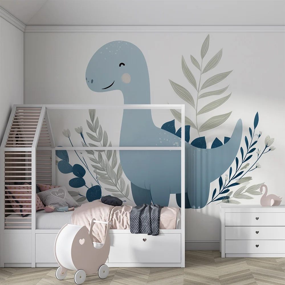 Dětské tapety do pokojíčku | Modrý dinosaurus pastelové listy