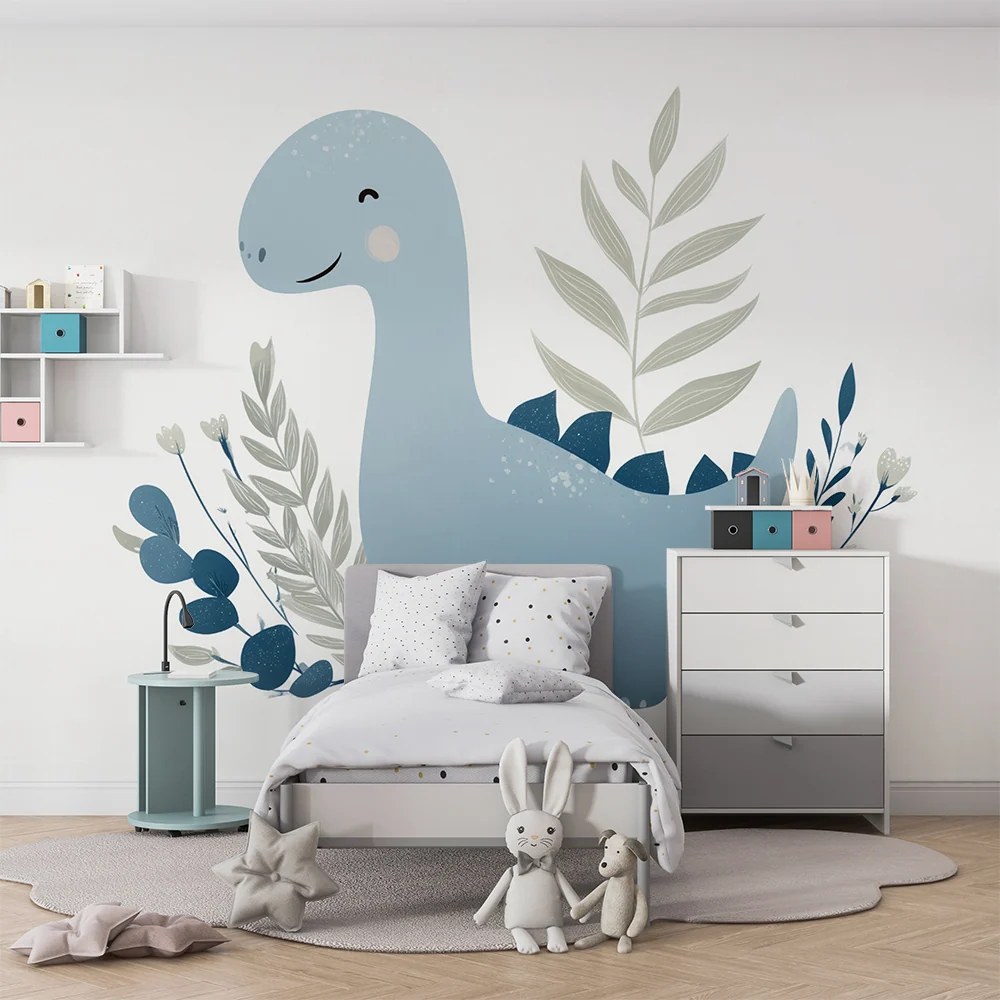 Dětské tapety do pokojíčku | Modrý dinosaurus pastelové listy