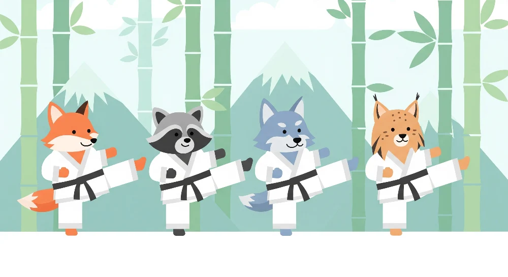 Dětské tapety do pokojíčku | Ninja zvířátka v kimonu v bambusovém prostředí