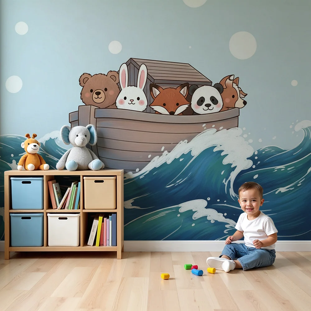 Dětské tapety do pokojíčku | Roztomilá zvířátka na lodi mezi vlnami