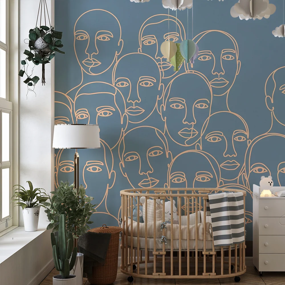Dětské tapety do pokojíčku | Stylizované obličeje na uklidňujícím modrém pozadí