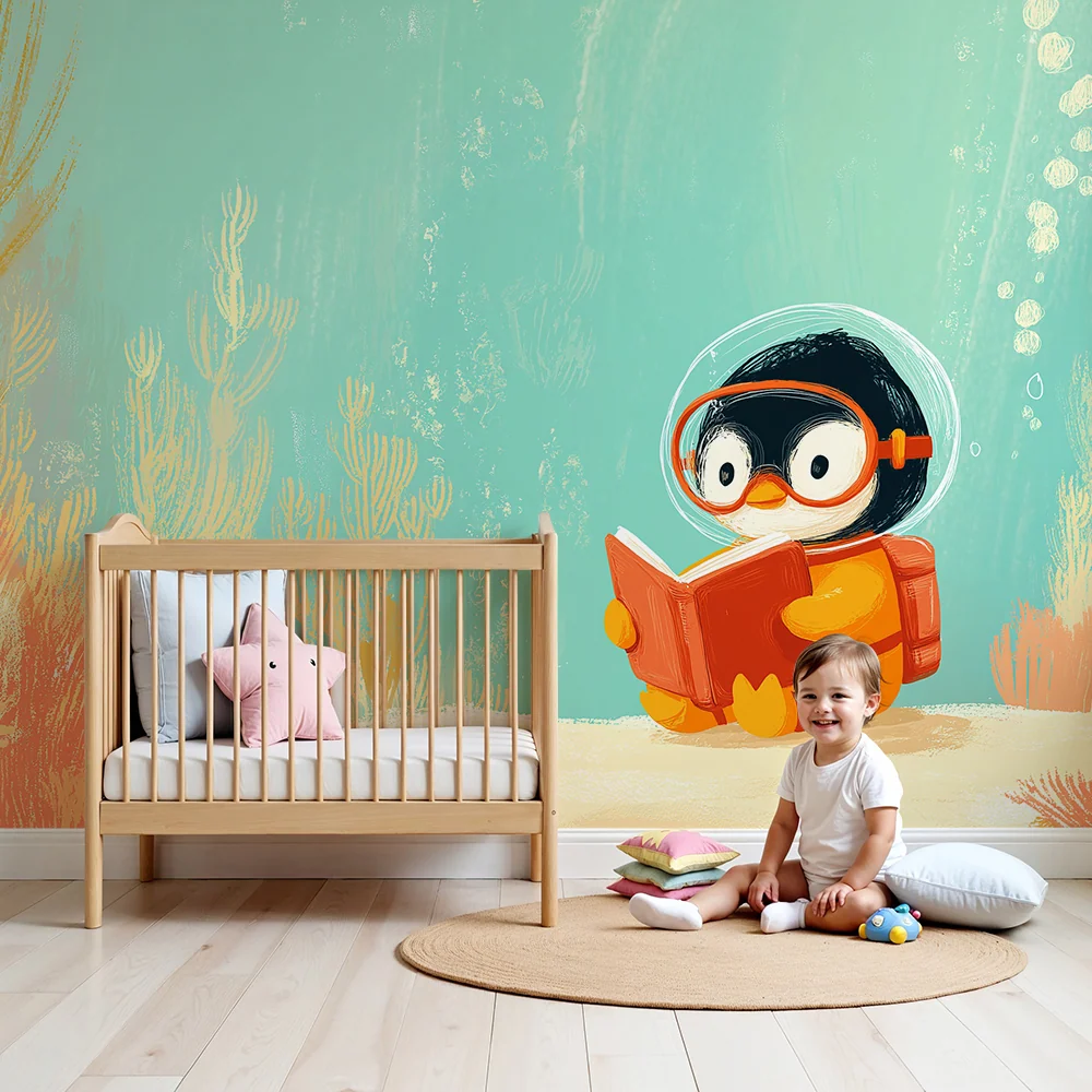 Dětské tapety do pokojíčku | Tučňák průzkumník čte knihu pod mořem