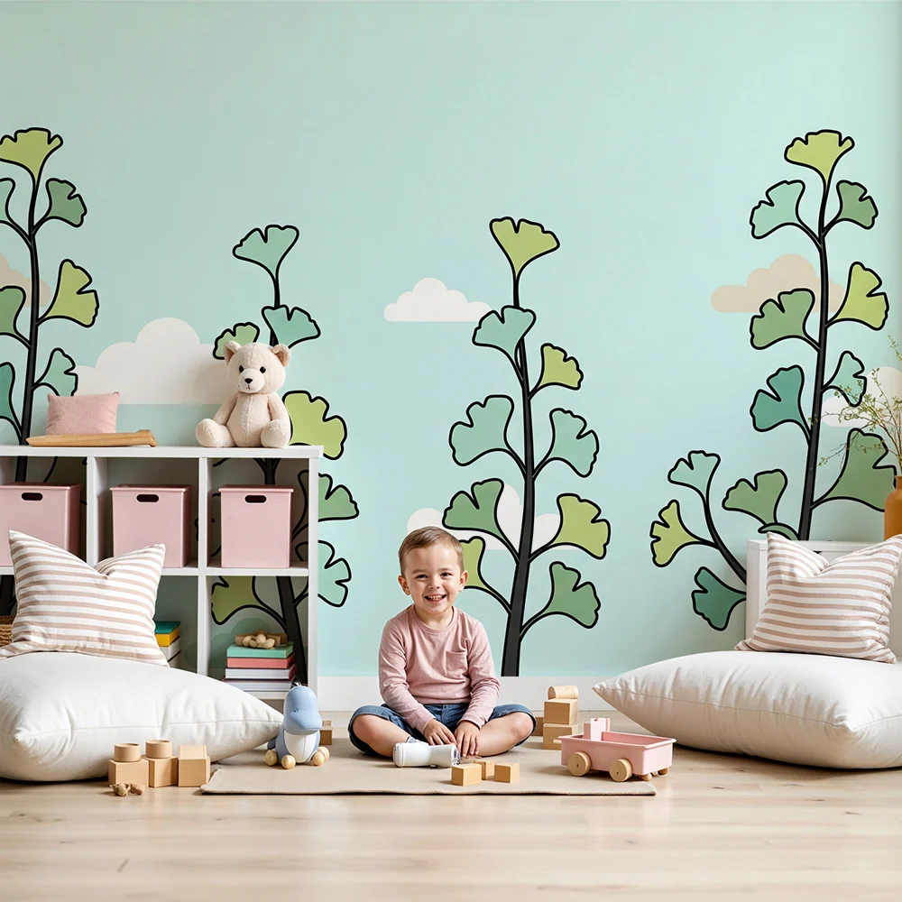 Dětské tapety | Stylizované stromy jemné mraky na pastelovém pozadí
