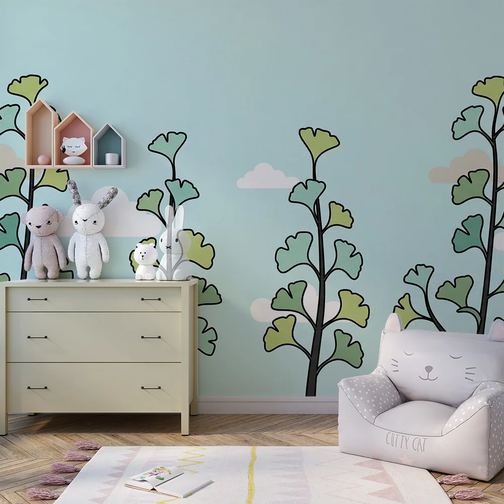Dětské tapety | Stylizované stromy jemné mraky na pastelovém pozadí