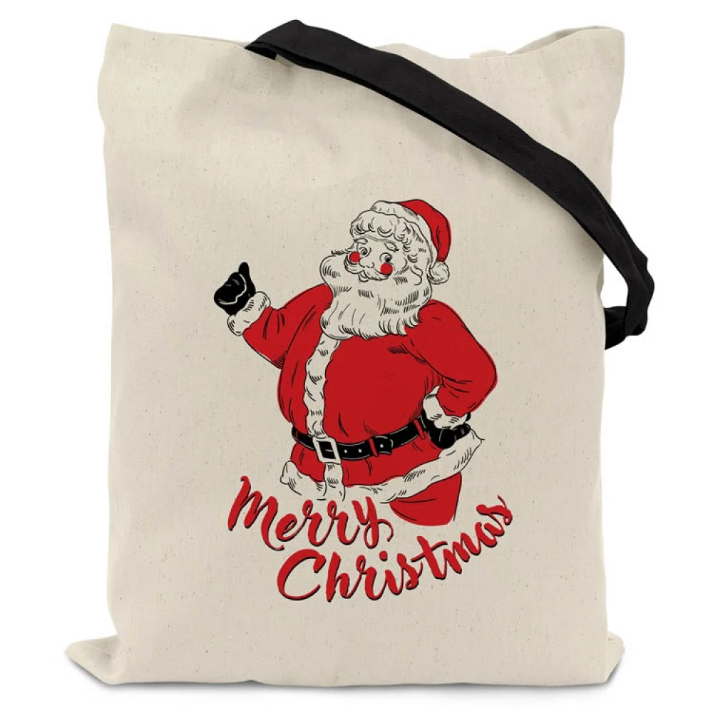 Ecru bavlněná vánoční taška SANTA, černá rukojeť