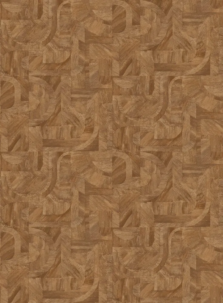 Geometrická strukturovaná tapeta napodobující dřevo s mozaikovým vzorem INTARSIA - TERRE DE SIENNE měděná