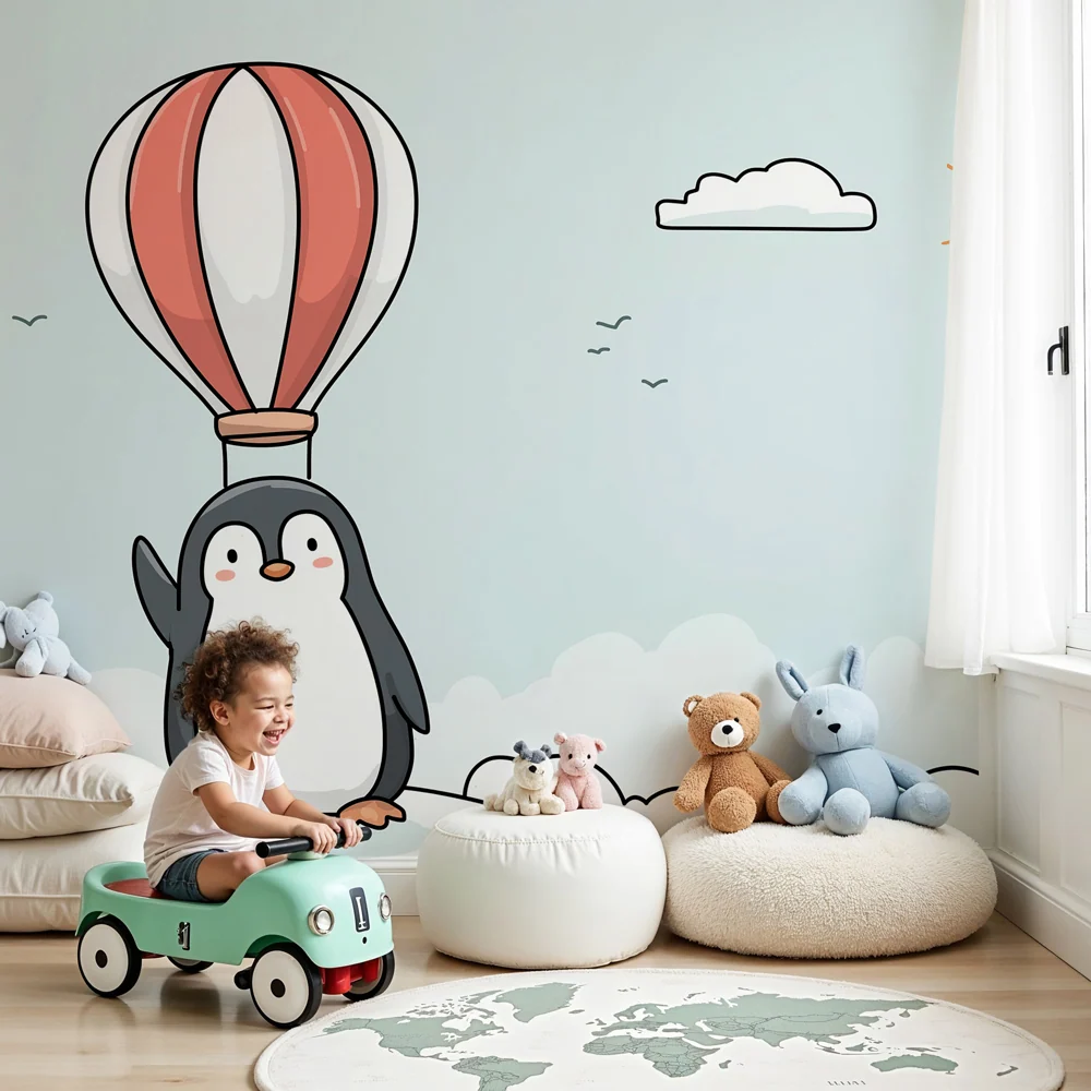 Kids room wallpaper | Adventurous penguin hot air balloon
