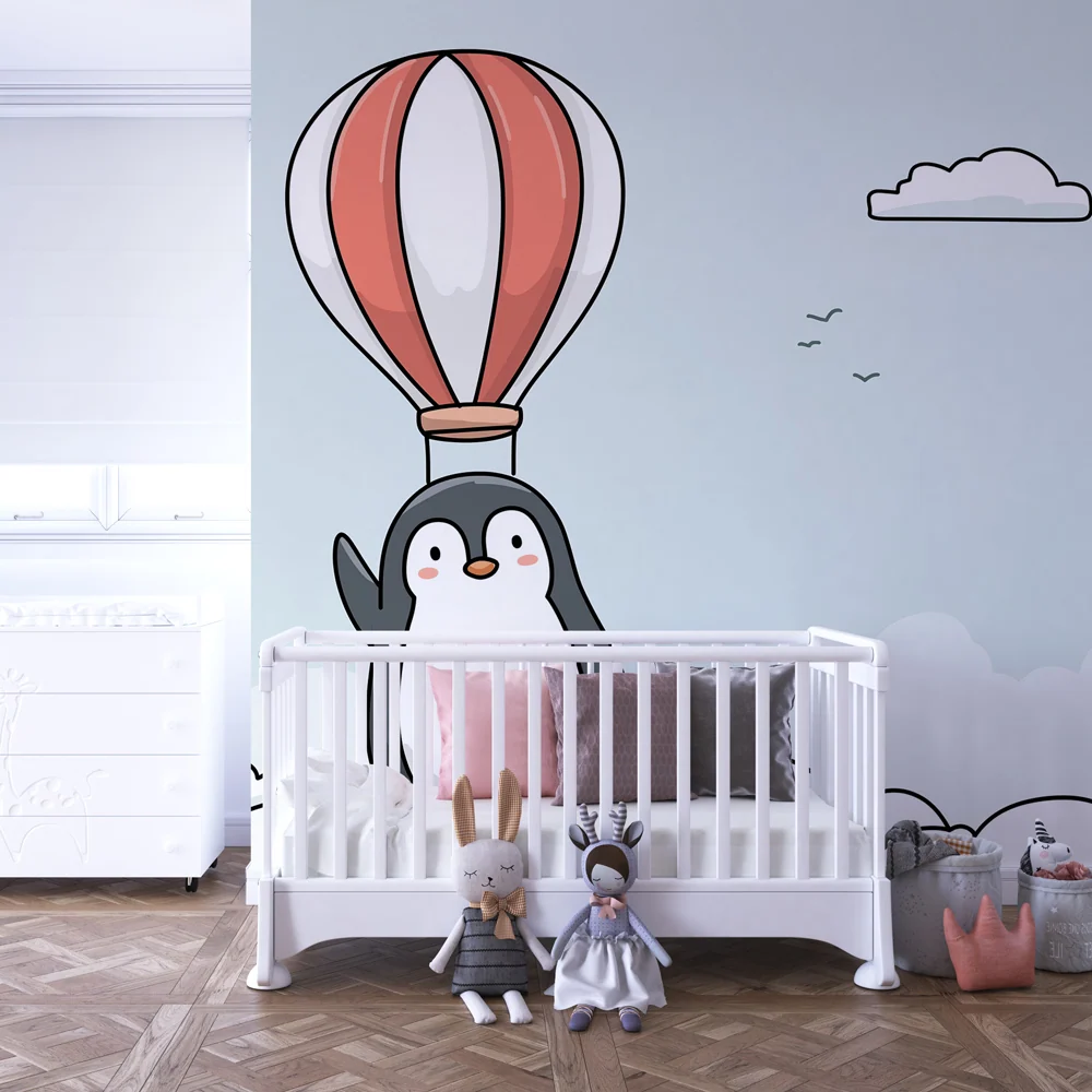 Kids room wallpaper | Adventurous penguin hot air balloon