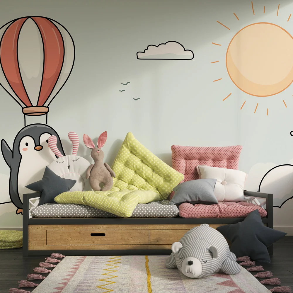 Kids room wallpaper | Adventurous penguin hot air balloon