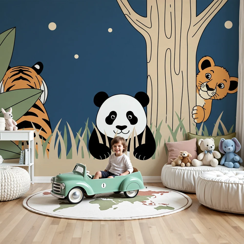 Kids room wallpaper | Animals jungle under moon