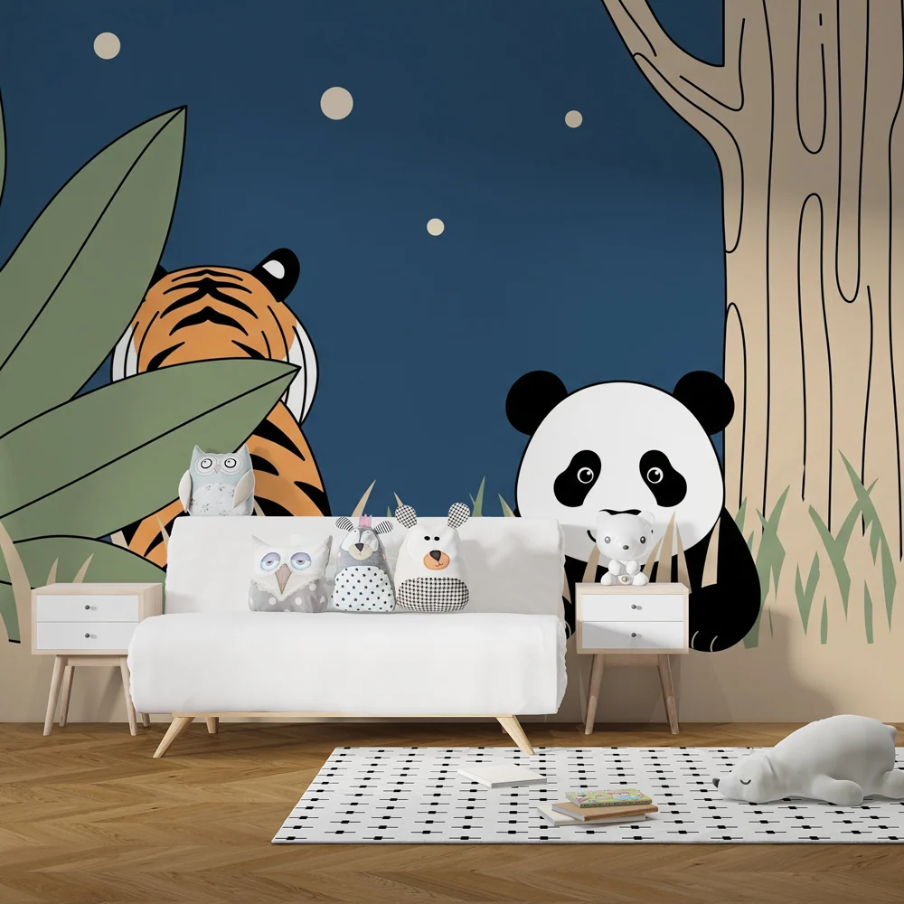 Kids room wallpaper | Animals jungle under moon