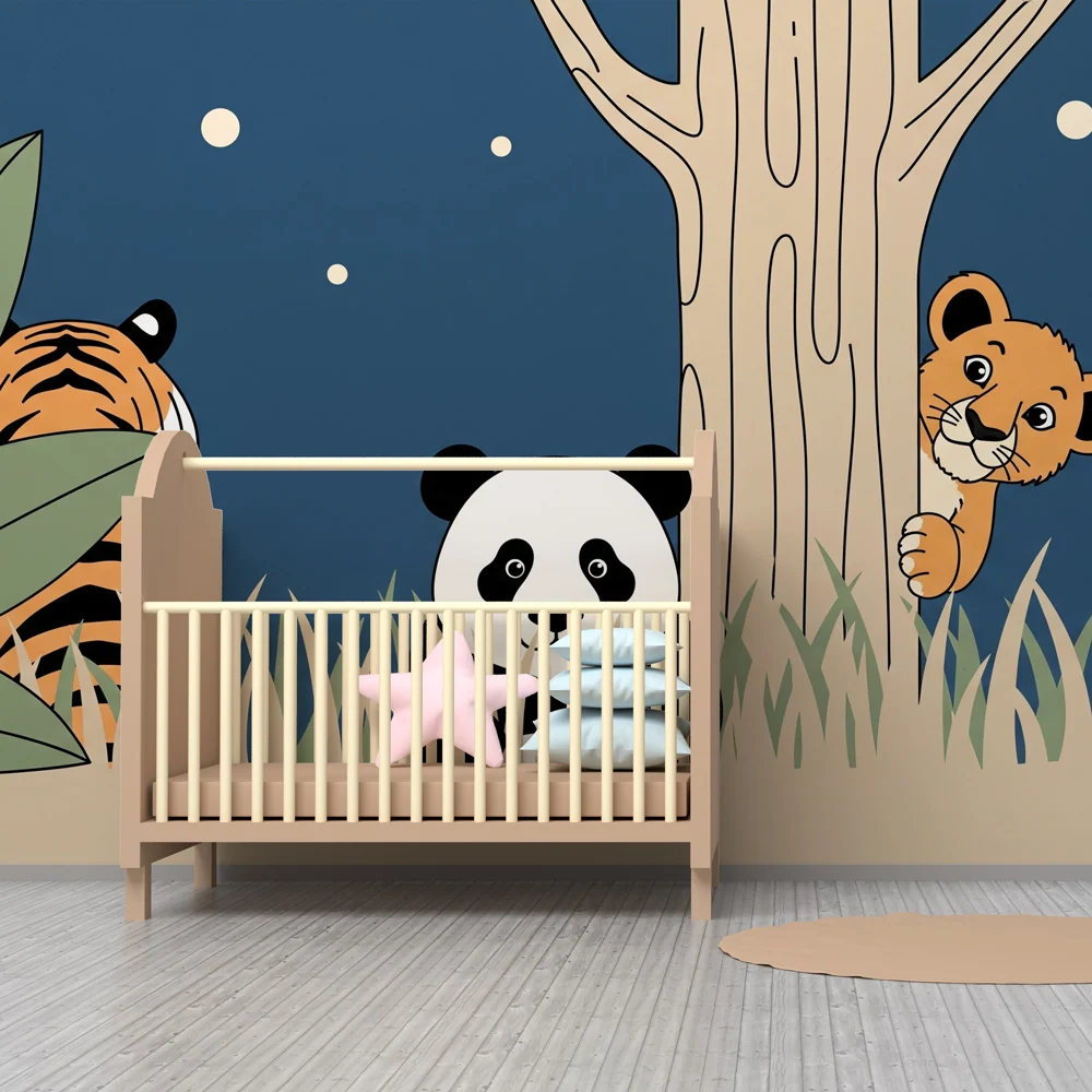 Kids room wallpaper | Animals jungle under moon