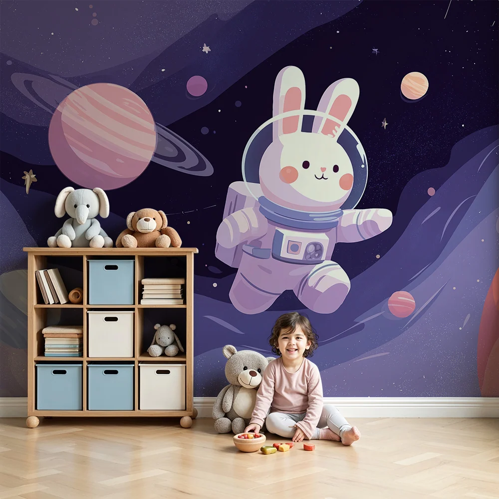 Kids room wallpaper | Astronaut rabbit exploring starry space
