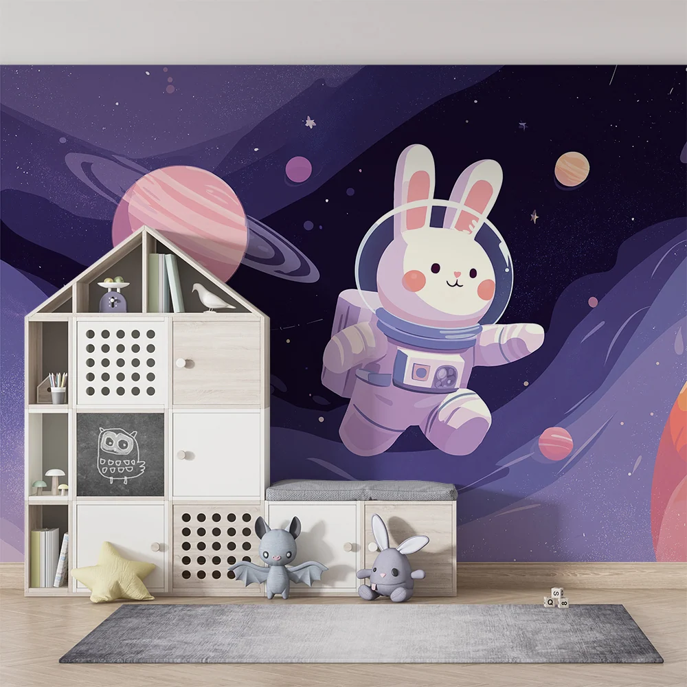 Kids room wallpaper | Astronaut rabbit exploring starry space