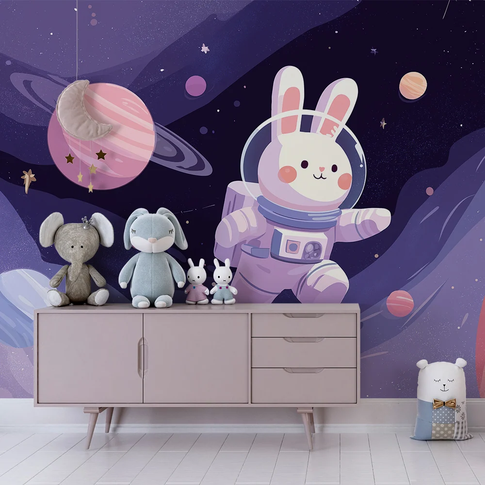 Kids room wallpaper | Astronaut rabbit exploring starry space