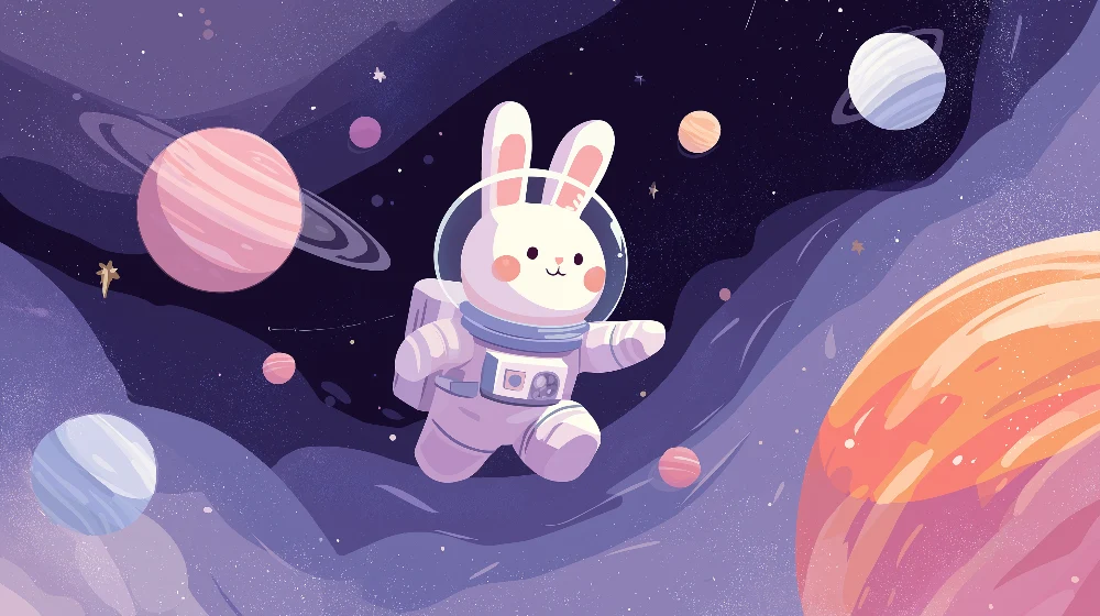 Kids room wallpaper | Astronaut rabbit exploring starry space