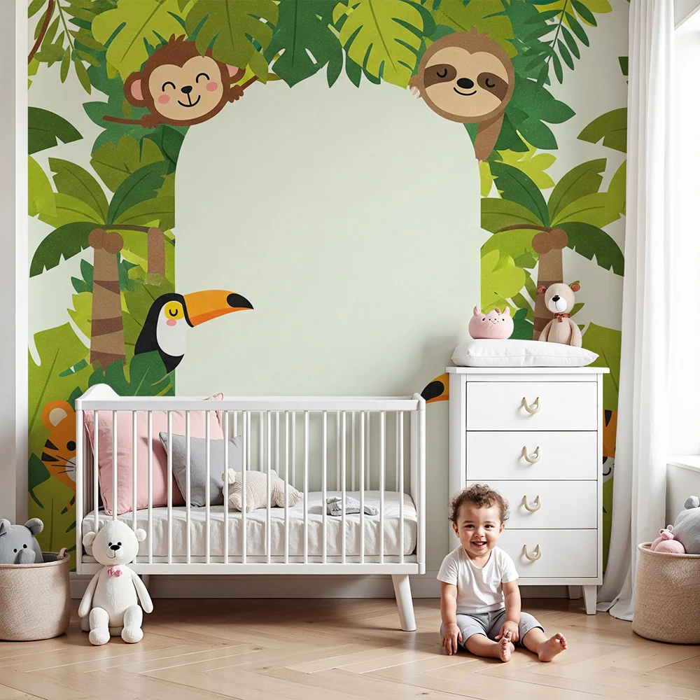 Kids room wallpaper | Barevní džungle zvířat bujný listí