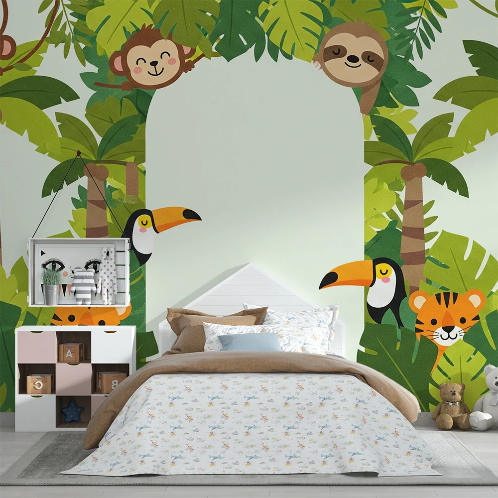 Kids room wallpaper | Barevní džungle zvířat bujný listí
