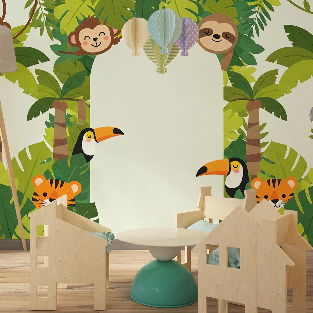 Kids room wallpaper | Barevní džungle zvířat bujný listí