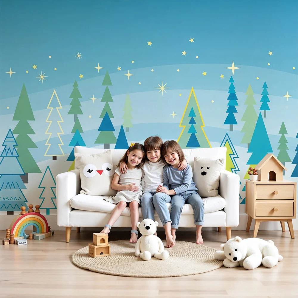 Kids room wallpaper | Barevný les s stylizovanými stromy třpytivými hvězdami