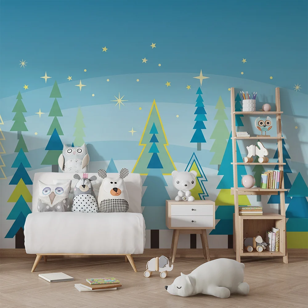 Kids room wallpaper | Barevný les s stylizovanými stromy třpytivými hvězdami