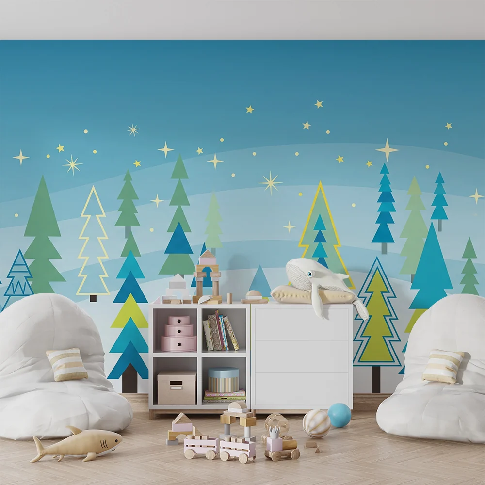 Kids room wallpaper | Barevný les s stylizovanými stromy třpytivými hvězdami