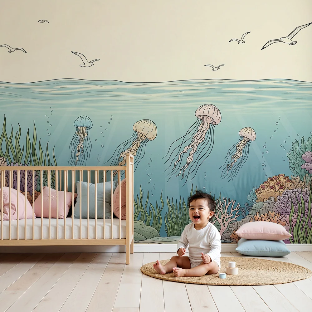 Kids room wallpaper | Barevná ponorka s medúzami živými korály