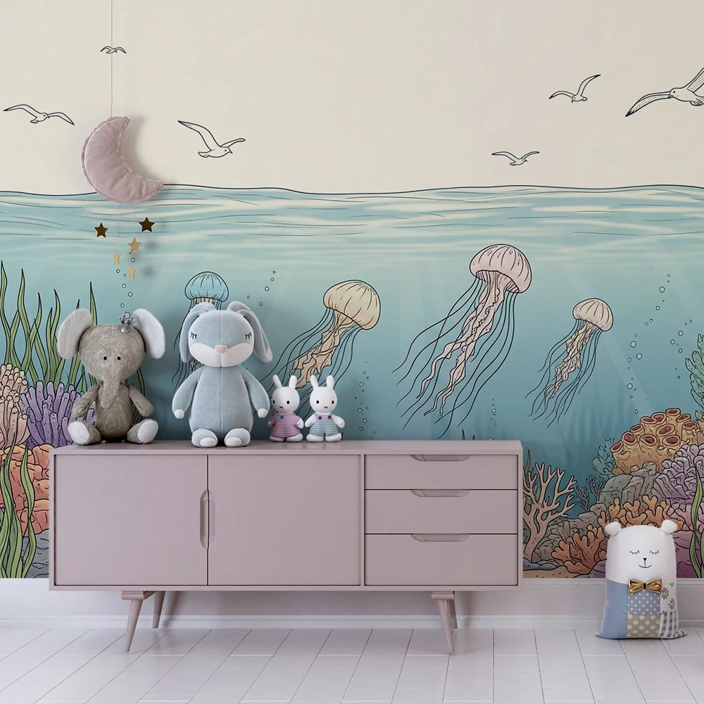 Kids room wallpaper | Barevná ponorka s medúzami živými korály