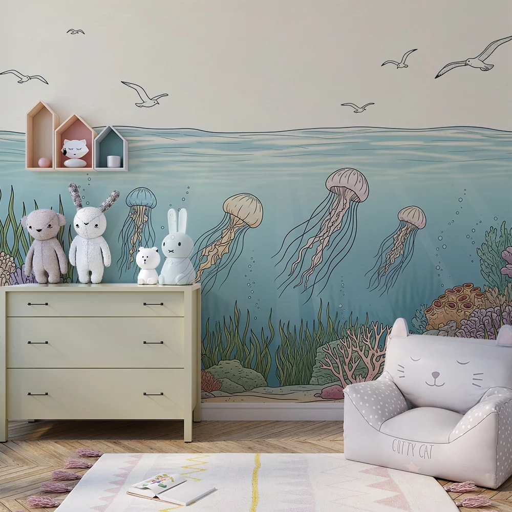 Kids room wallpaper | Barevná ponorka s medúzami živými korály