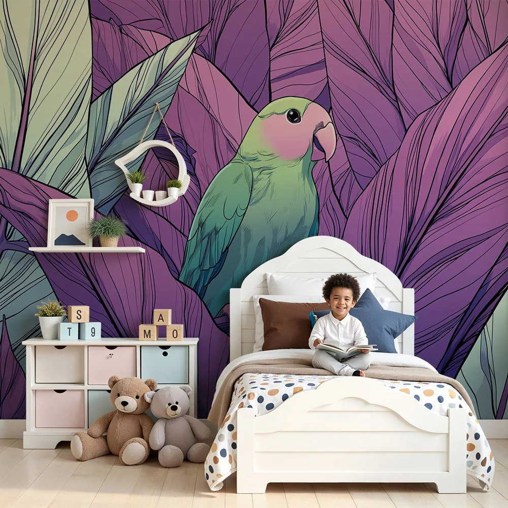 Kids room wallpaper | Barevný pták mezi tropickými listy